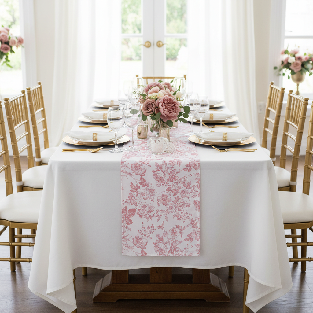 Wedding table mockup with French Toile table runner Dusty Rose/Mauve, wine glasses, votive candles, gold chargers and gold chairs