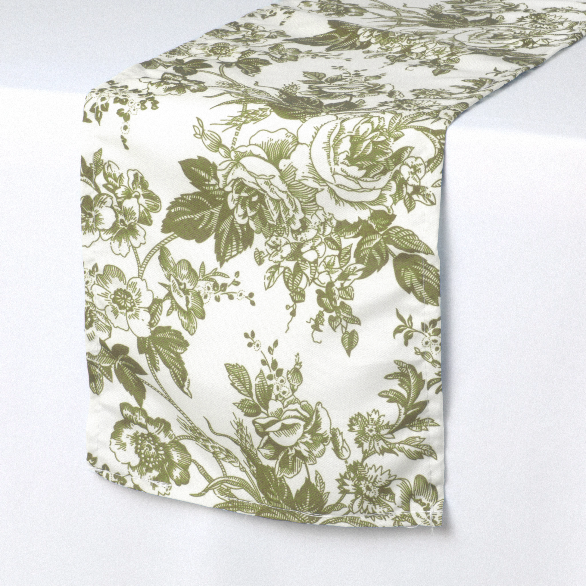 French Toile Table Runner Olive Green angled view