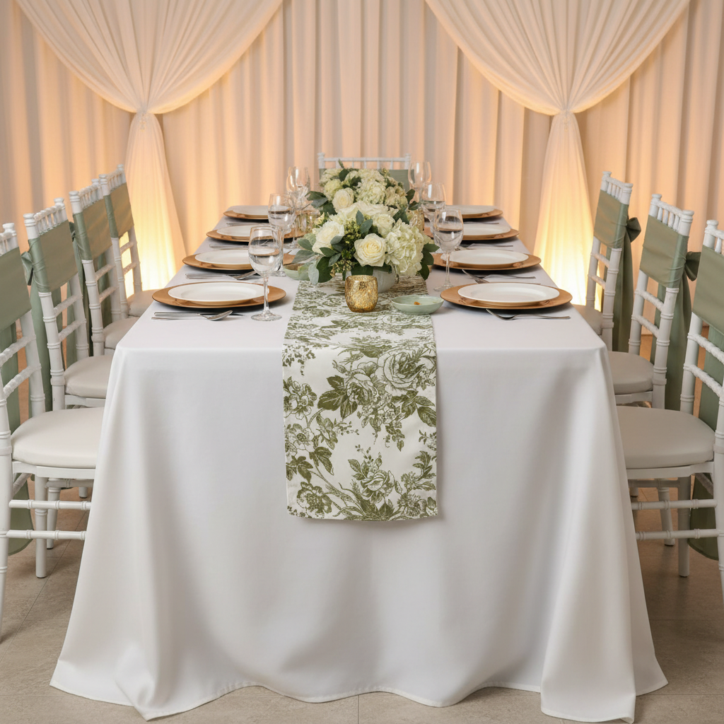 French Toile Table Runner - Olive Green