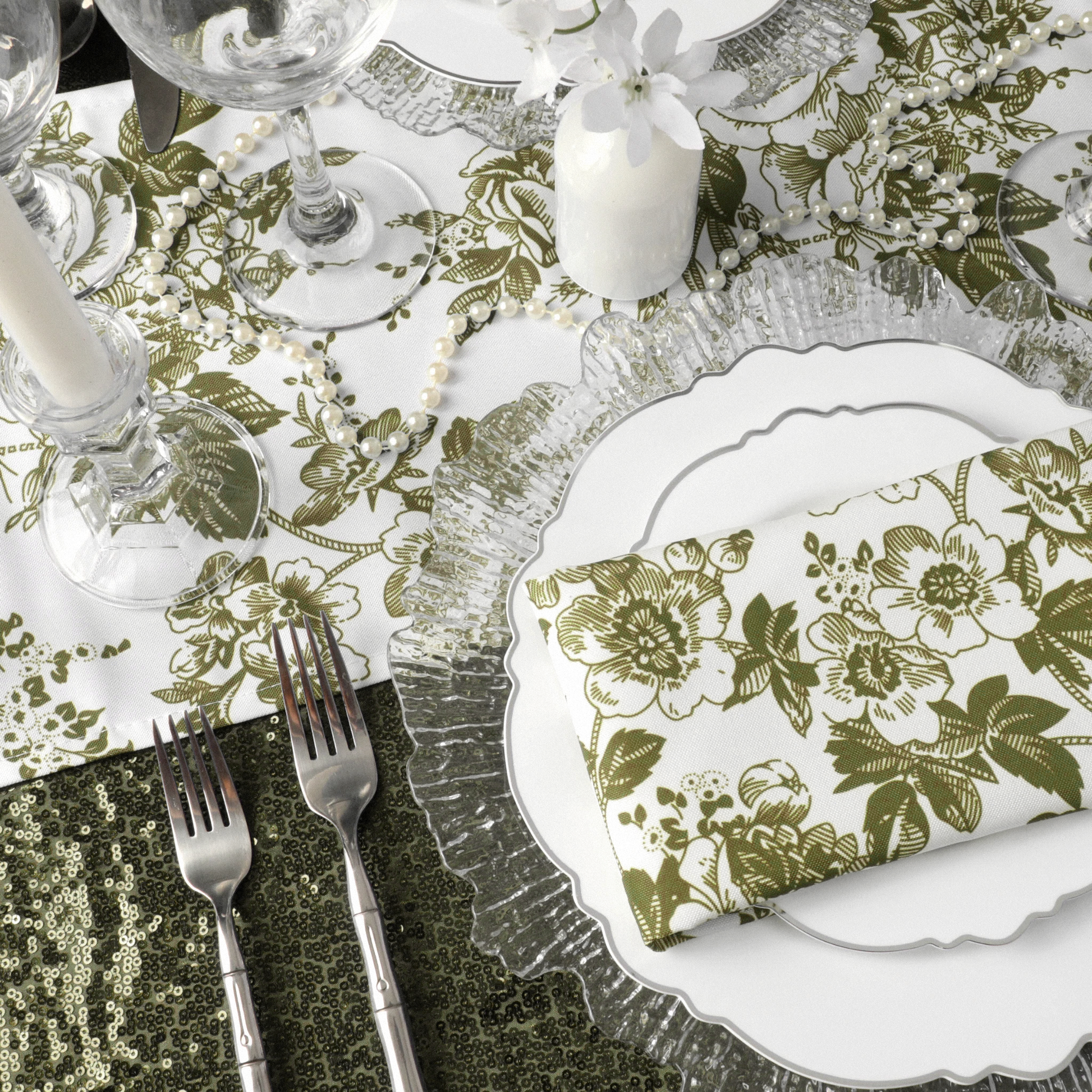 French Toile Table Runner Olive Green on tablel with flatware, tapered candles, chargers and frenchtoile olive green napkin