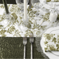 French Toile Table Runner Olive Green on tablel with flatware, tapered candles, chargers and frenchtoile olive green napkin