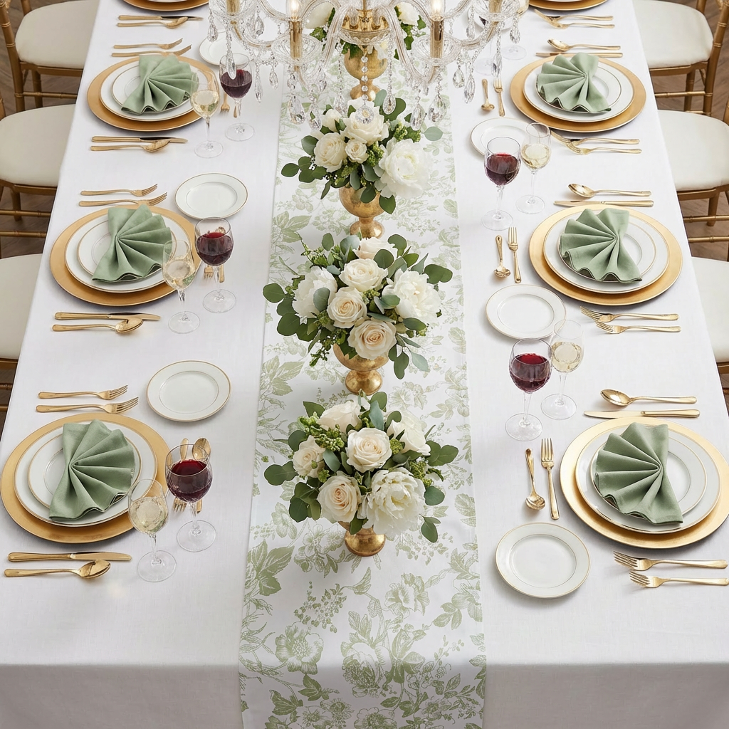 birds eye view wedding table setting with the French Toile Table Runner Sage Green, sage green napkins, gold silverware, and gold charger plates