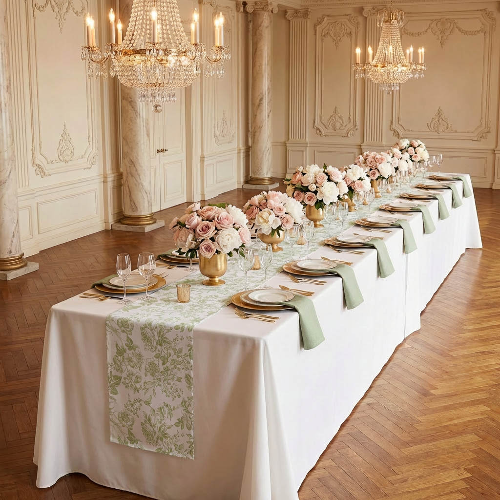 wedding table setting with the French Toile Table Runner Sage Green, sage green napkins, gold silverware, and gold charger plates