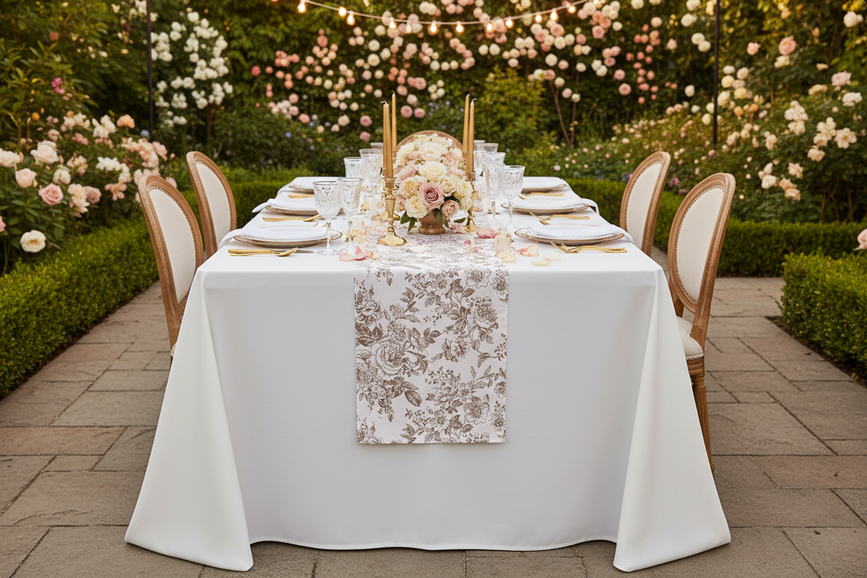 French Toile Table Runner - Taupe Garden View