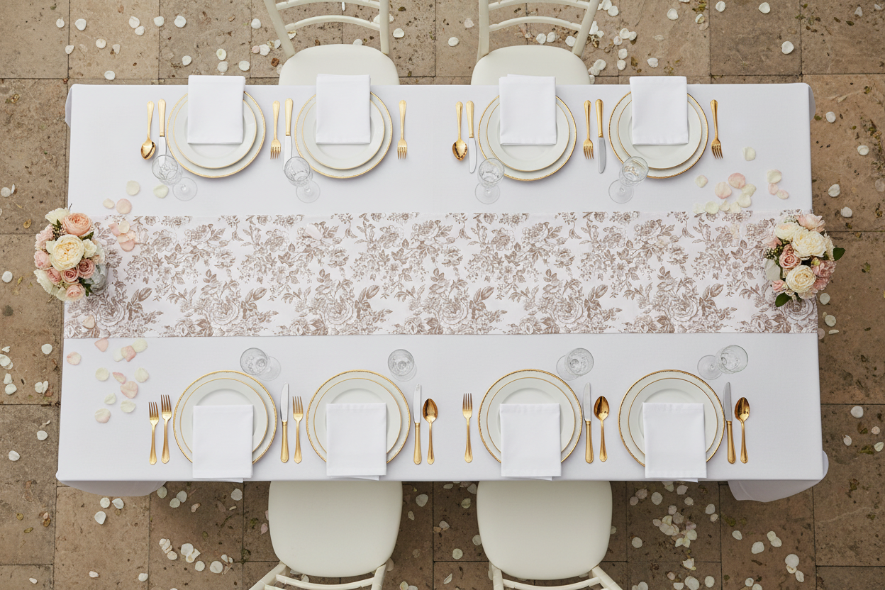 French Toile Table Runner - Taupe Top View
