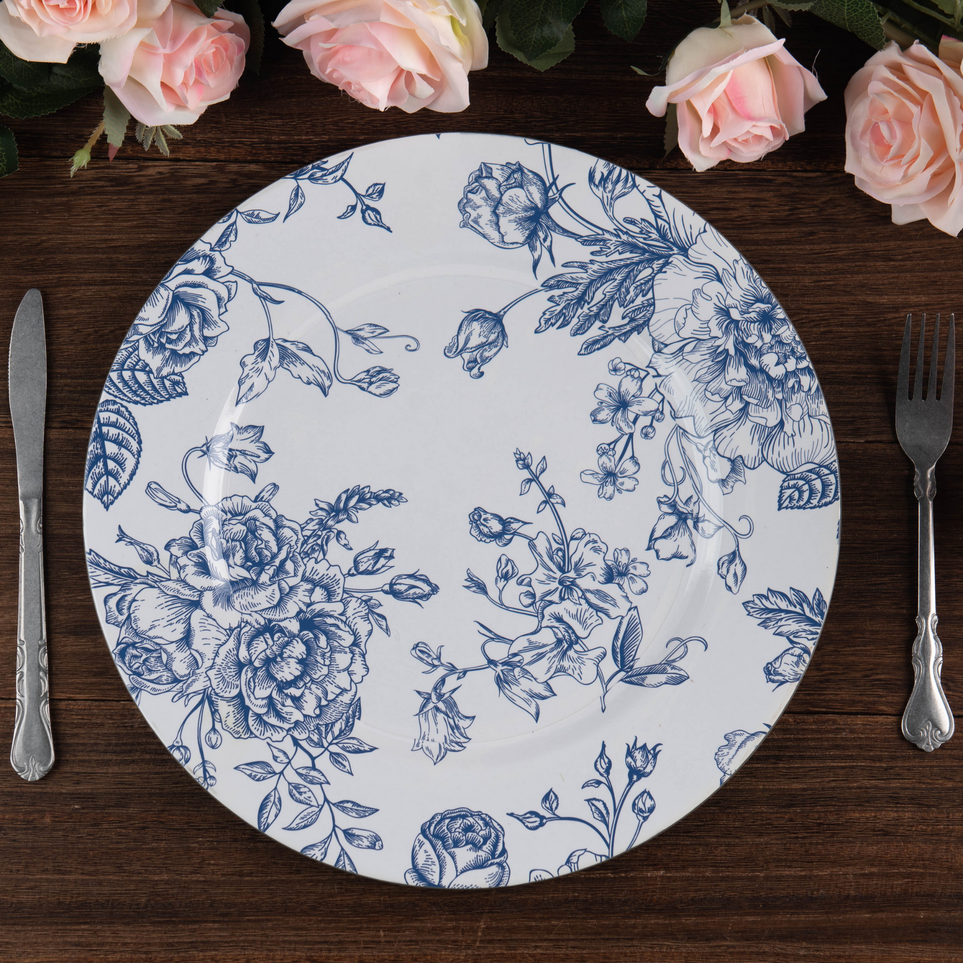 French Toile Acrylic Charger Plate - Blue