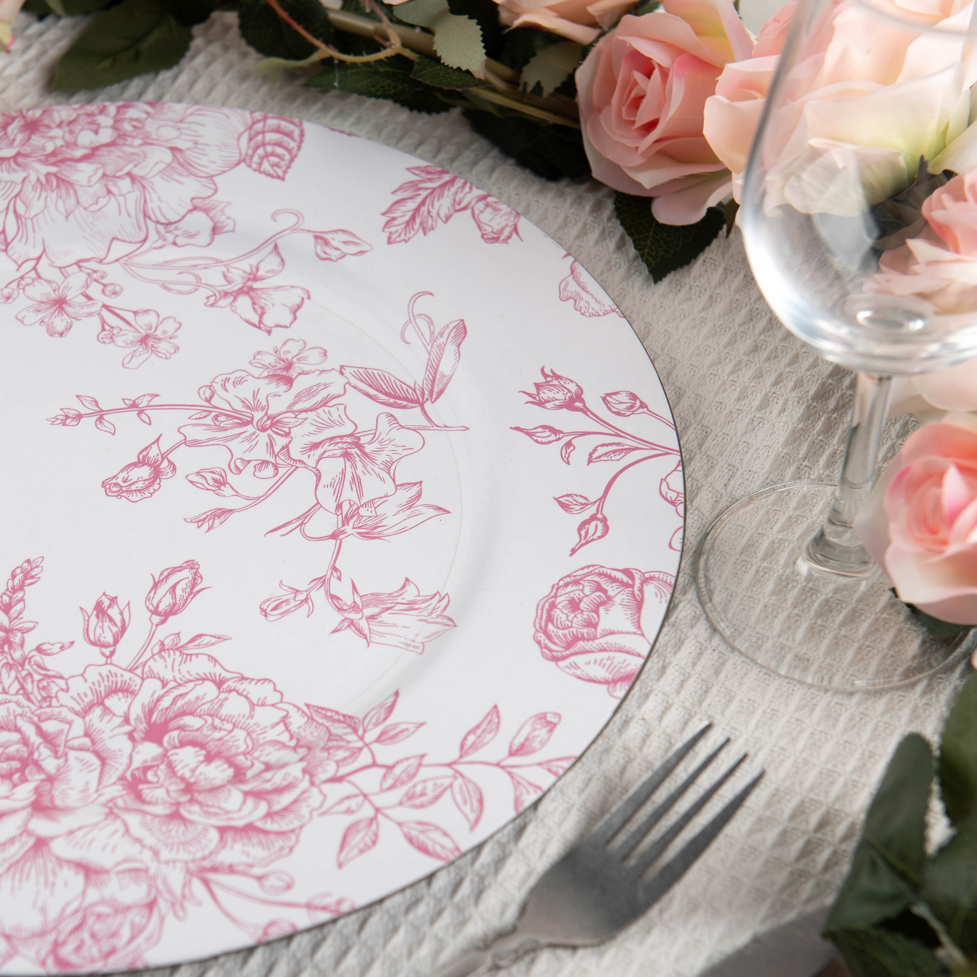 French Toile Floral Large Paper Plates Set 