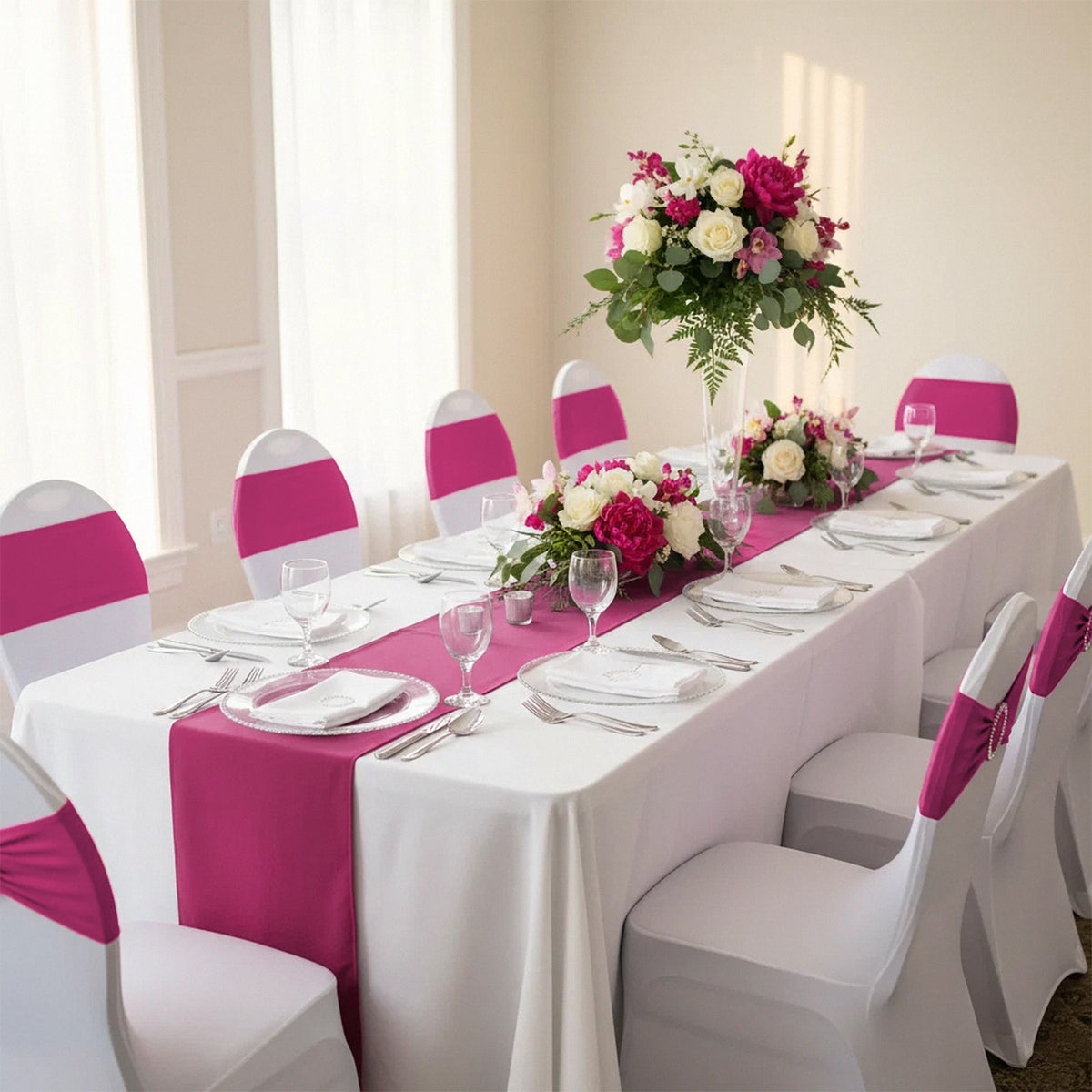 Buckle Spandex Stretch Chair Band - Fuchsia - Wedding Reception Table