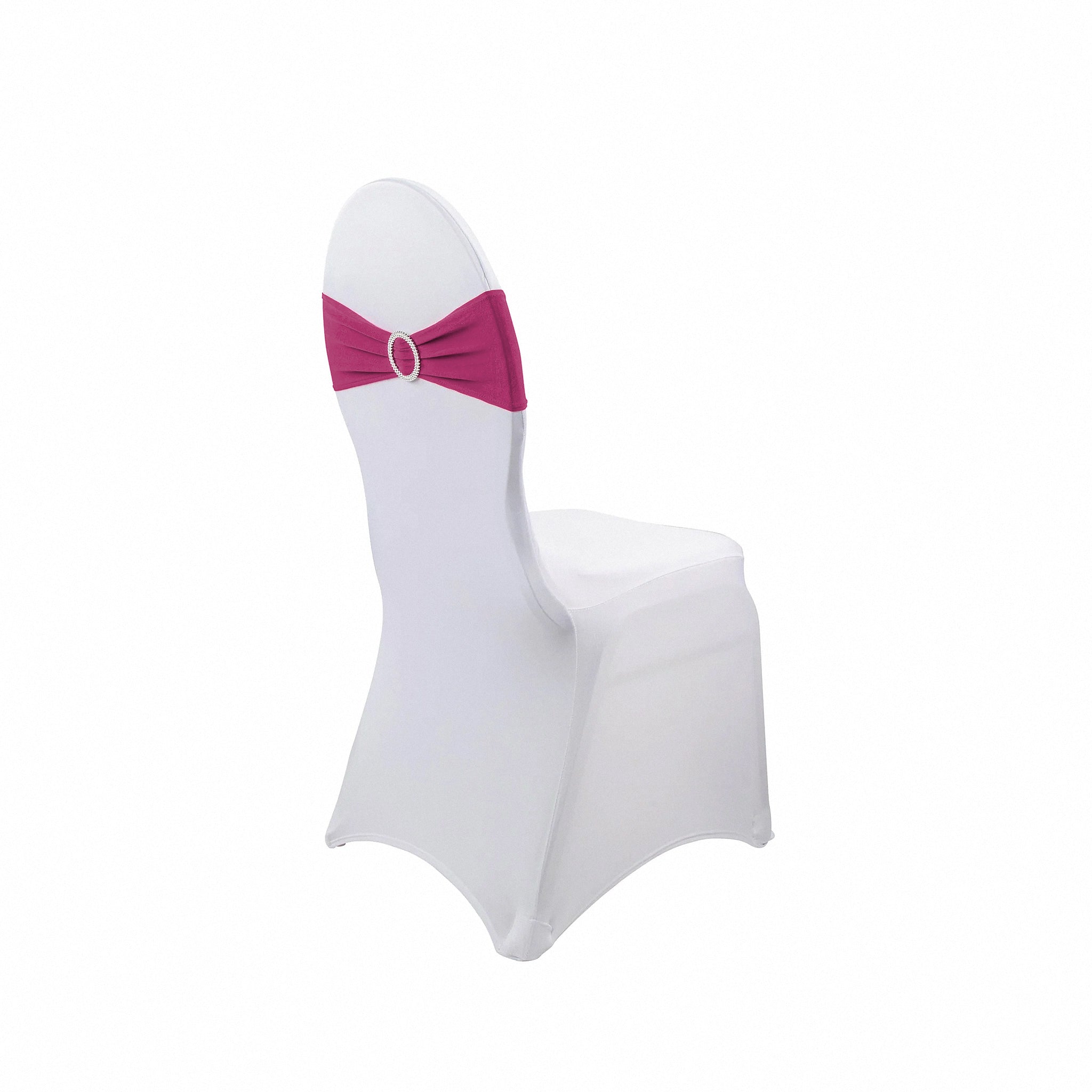 Buckle Spandex Stretch Chair Band Fuchsia side view on a round top banquet chair