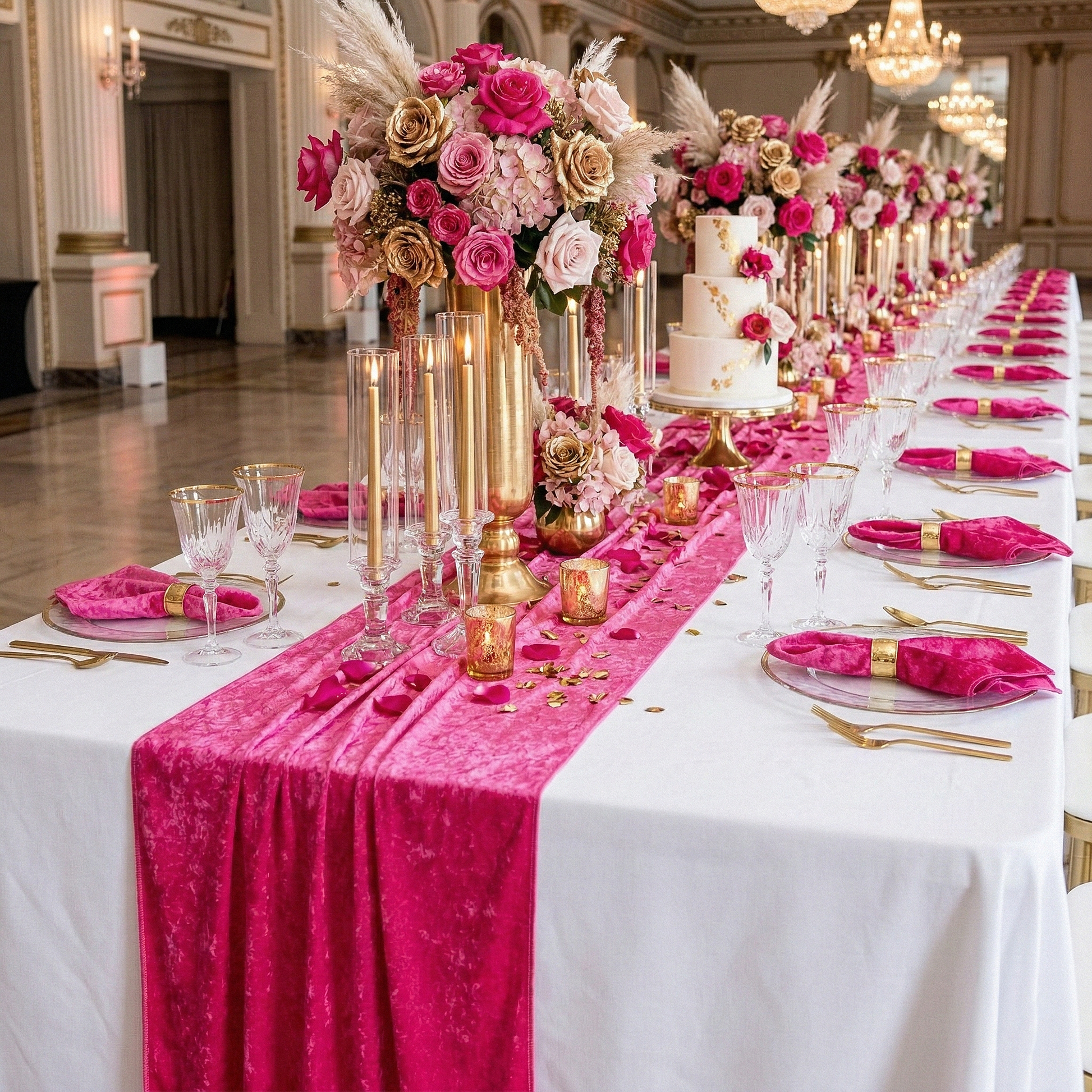 Velvet Table Runner Fuchsia on a white tablecloth with wine glasses, tall mixed pinks floral centerpieces and fuchsia napkins on top cleatr gold trimmed charger plates