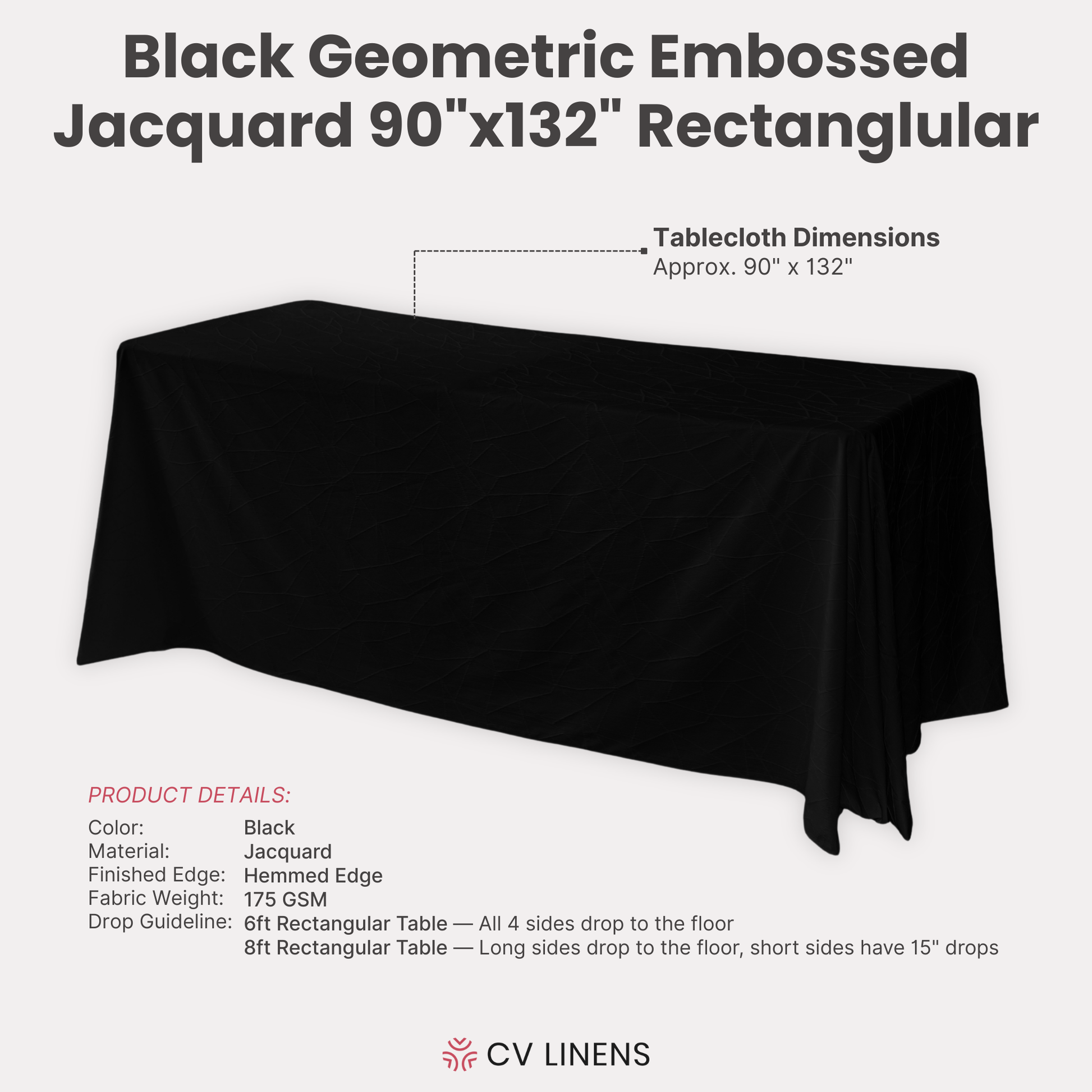 Geometric Embossed Jacquard 90"x132" Rectangular Tablecloth Black infographic show product details