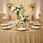 Geometric Glitz Art Deco Sequin Tablecloth 120" Round - Gold | charger plate | napkin | dinner plate | wine goblet |