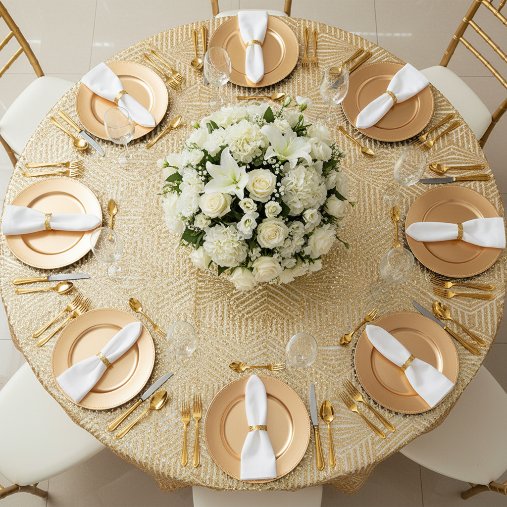Geometric Glitz Art Deco Sequin Tablecloth 120" Round - Gold | charger plate | napkin | wine goblet |