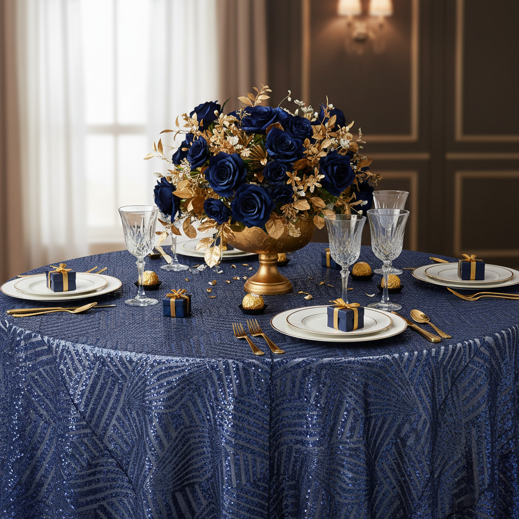 Geometric Glitz Art Deco Sequin Tablecloth 120" Round - Navy Blue close up detail with white charger and dinner plate