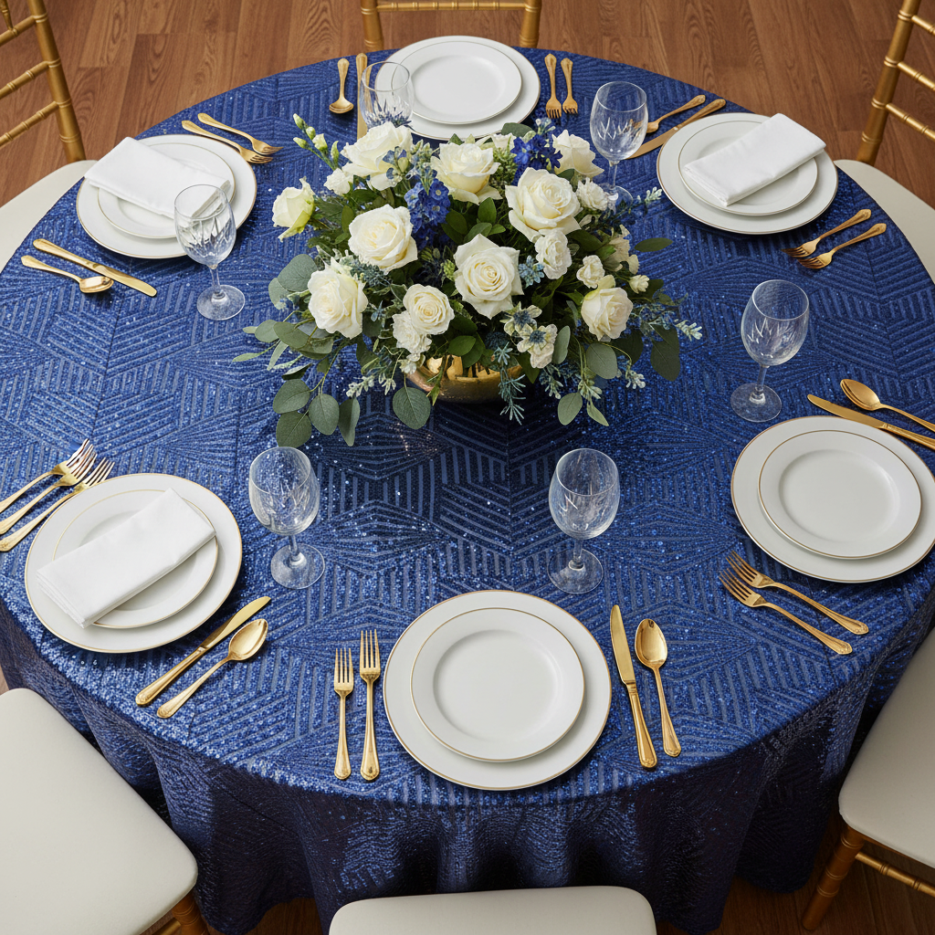 Geometric Glitz Art Deco Sequin Tablecloth 120" Round - Navy Blue for birthday top view reception with white charger plate and dinner plate 