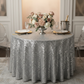 Geometric Glitz Art Deco Sequin Tablecloth 120" Round - Silver for dinner table with gold charger plate | white dinner napkin | wine goblets 