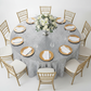 Geometric Glitz Art Deco Sequin Tablecloth 120" Round - Silver for dinner table with gold charger plate | white napkin | wine goblets | gold chiavari chair 