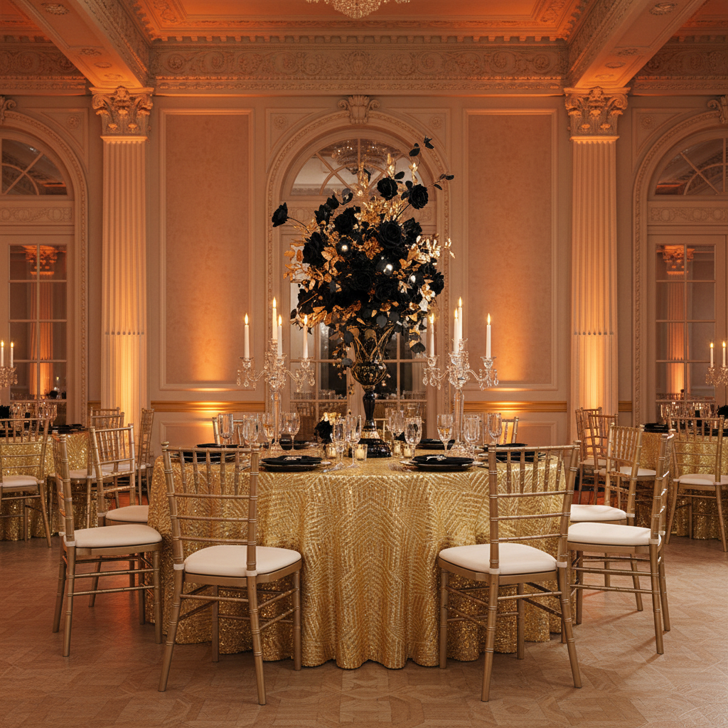 wedding reception with Geometric Glitz Art Deco Sequin Tablecloth 132" Round - Gold