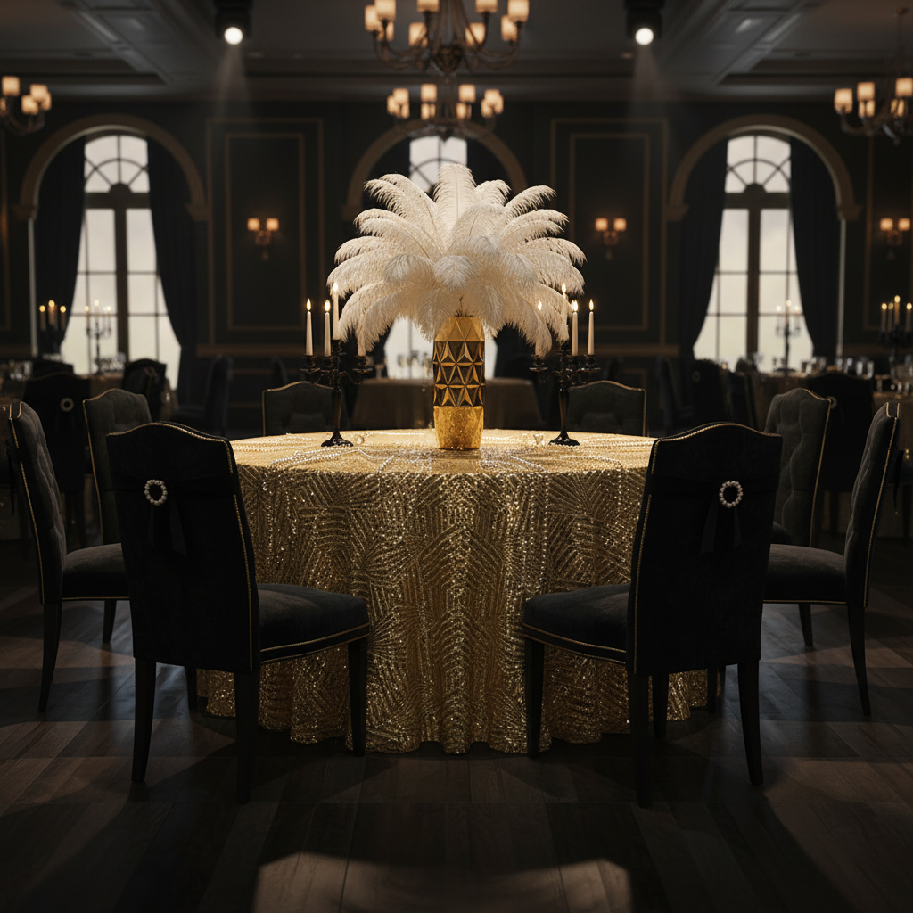 dinner setup with Geometric Glitz Art Deco Sequin Tablecloth 132" Round - Gold