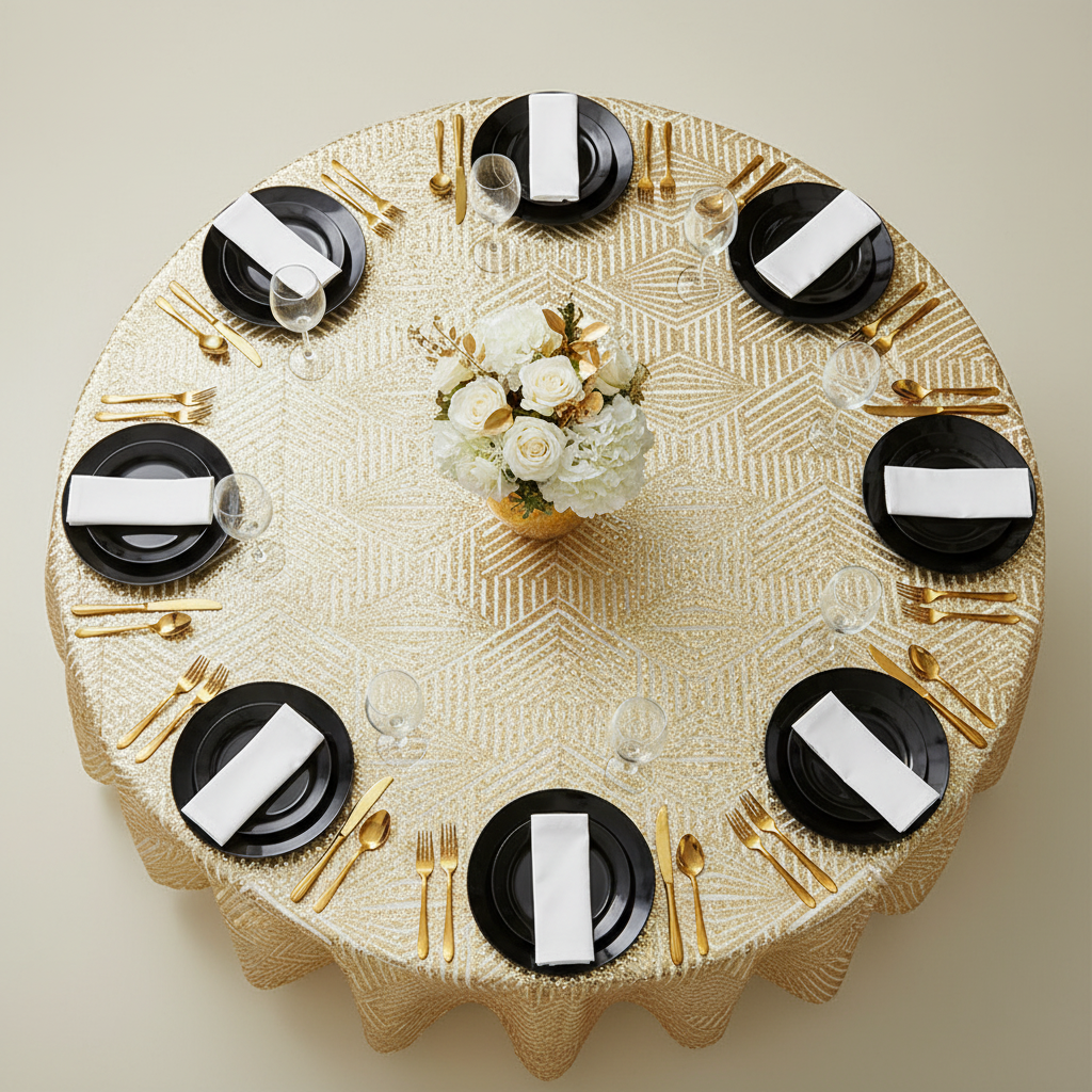 top view of Geometric Glitz Art Deco Sequin Tablecloth 132" Round - Gold