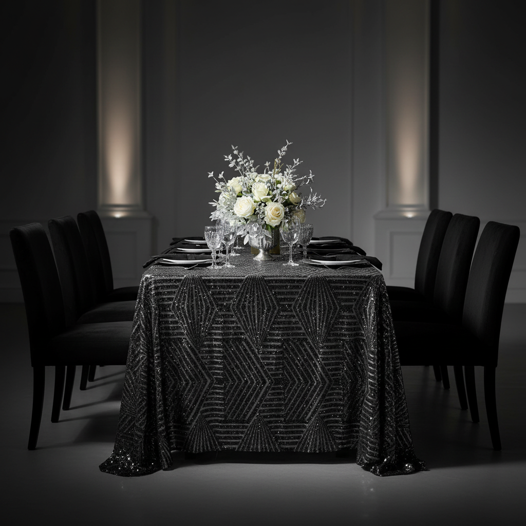 Geometric Glitz Art Deco Sequin Tablecloth 90"x132" Rectangular - Black