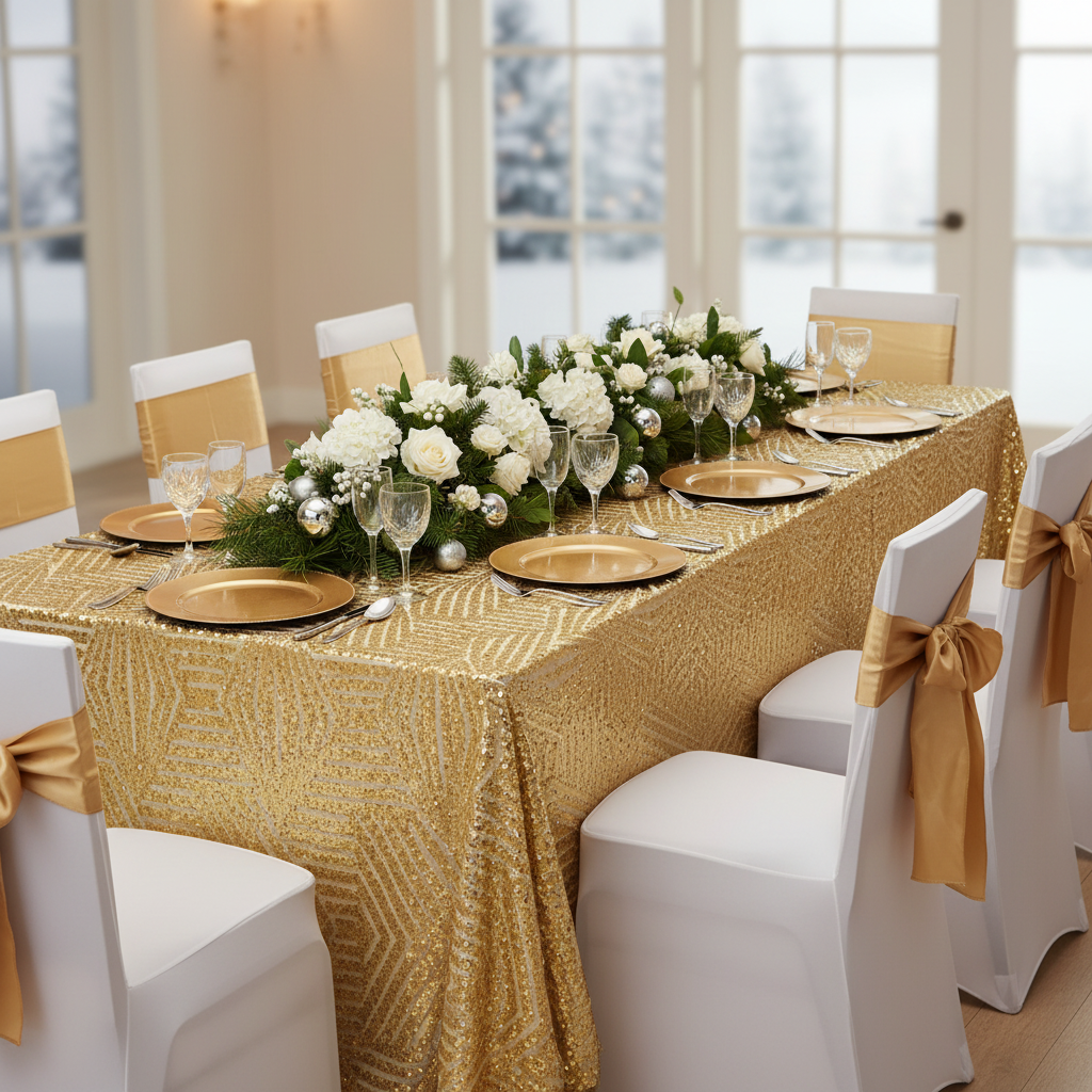 Geometric Glitz Art Deco Sequin Tablecloth 90"x132" Rectangular - Gold