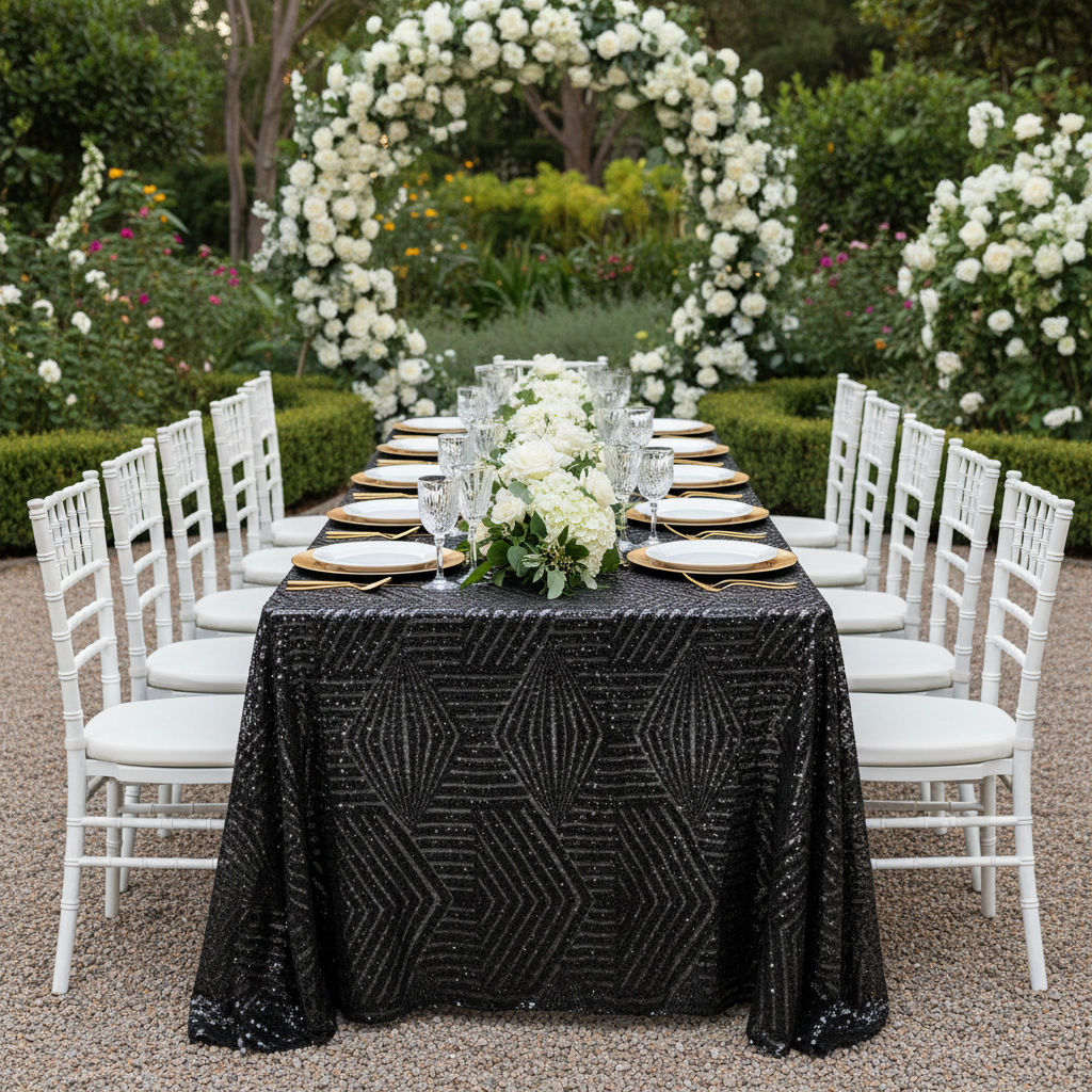 Geometric Glitz Art Deco Sequin Tablecloth 90"x156" Rectangular - Black