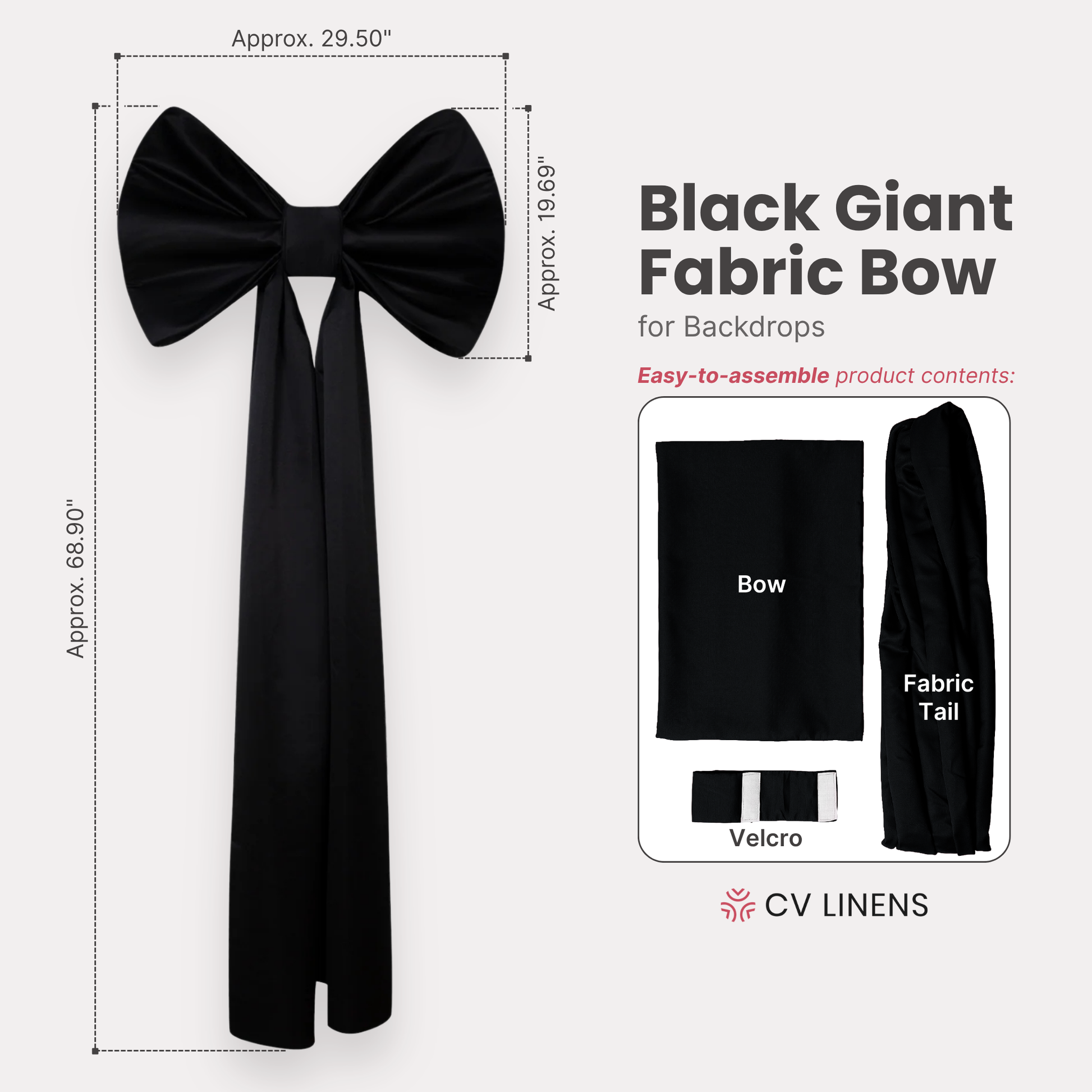 Giant Fabric Bow for Backdrop Black infographic showing contents