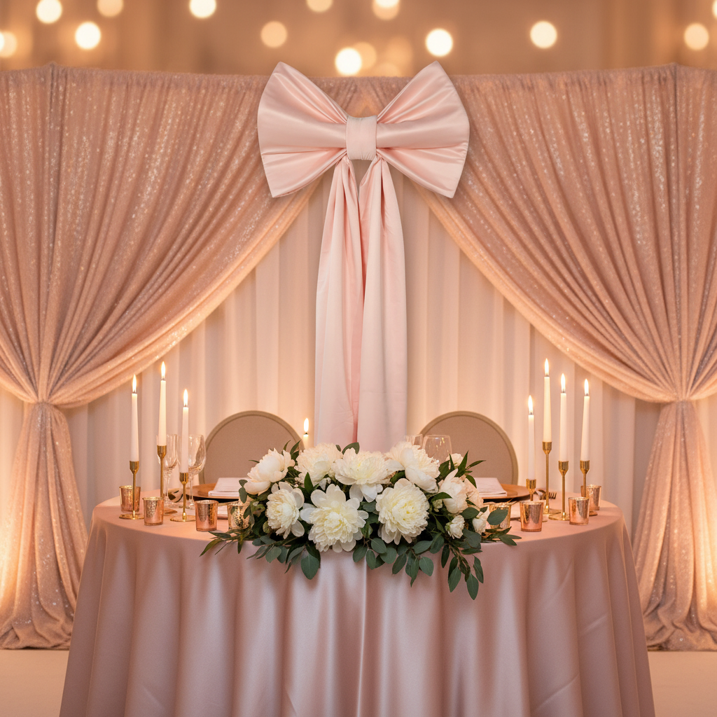 Giant Fabric Bow for Backdrop Blush/Rose Gold behind a 
Sweetheart Table