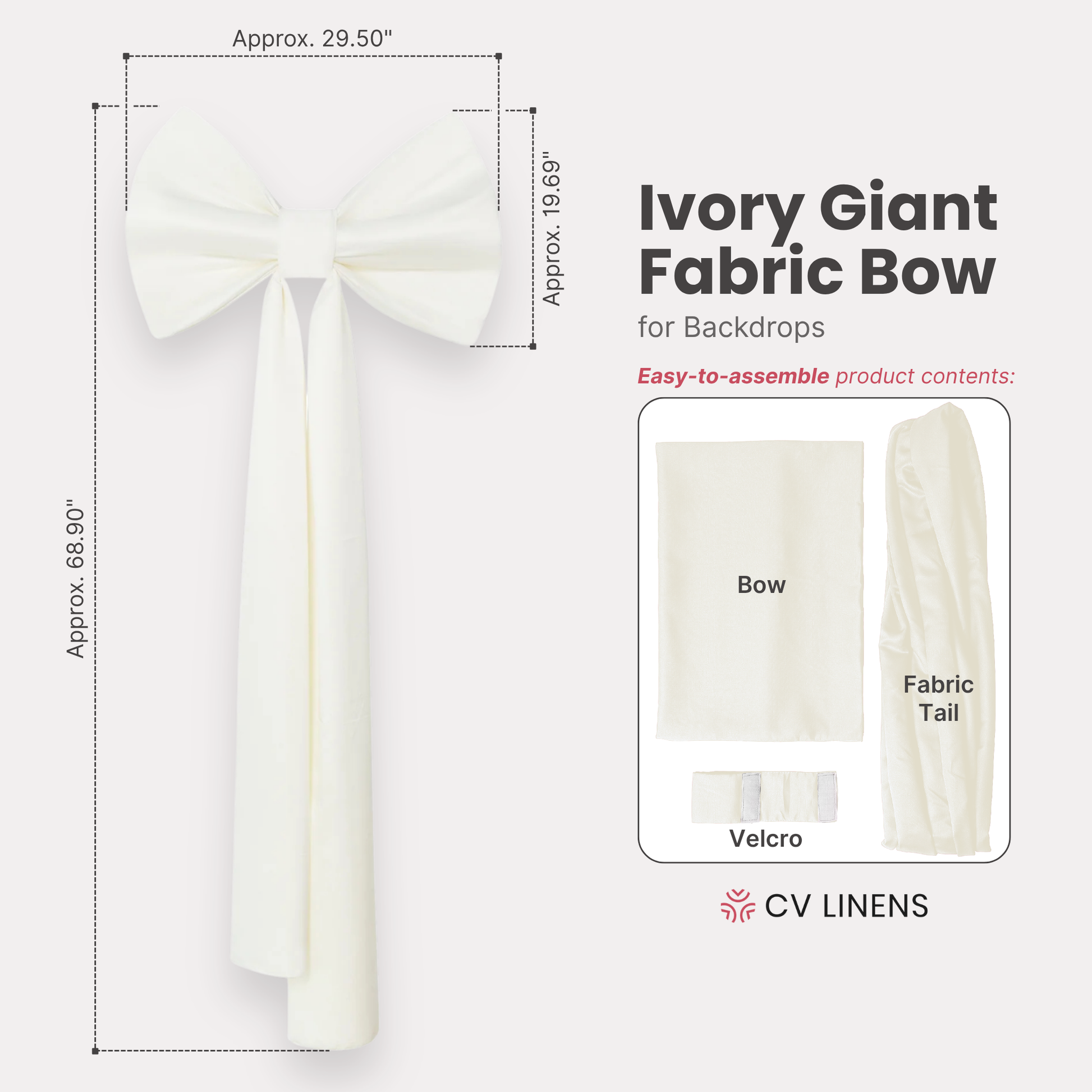 Giant Fabric Bow for Backdrop Ivory infographic showing contents