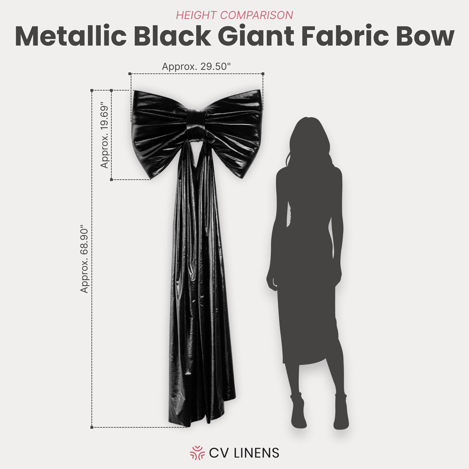 Giant Fabric Bow for Backdrop Metallic Black infographic showing dimensions