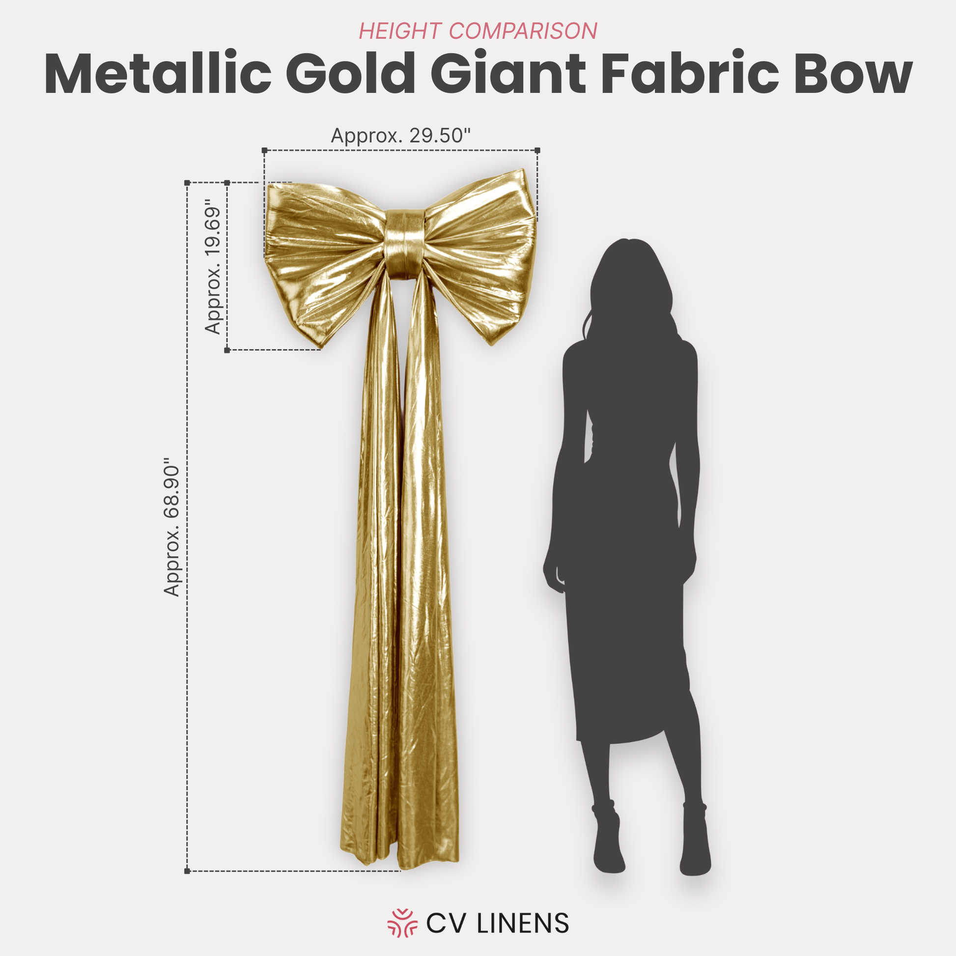 Giant Fabric Bow for Backdrop Metallic Gold infographic showing the height and width of the bow next to a figure for comparison
