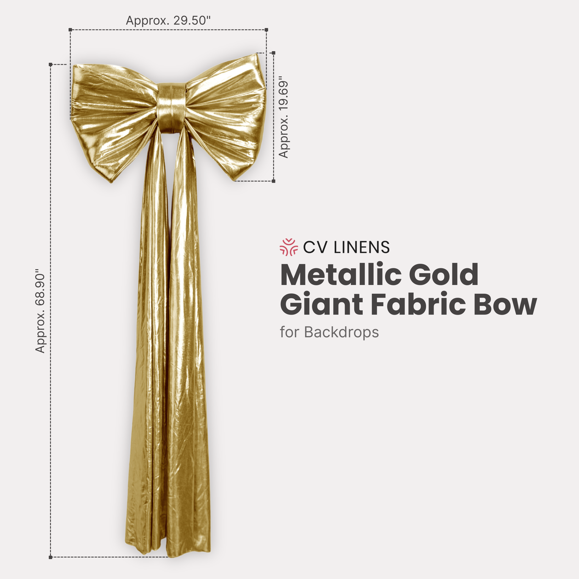 Giant Fabric Bow for Backdrop Metallic Gold infographic showing the height and width of the bow
