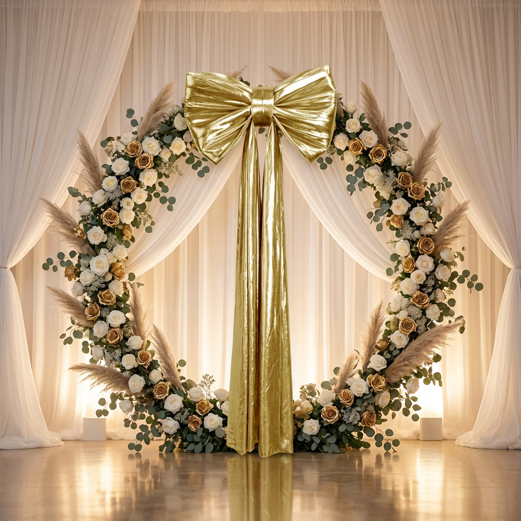 Giant Fabric Bow for Backdrop Metallic Gold in the center of a round arch with fall colored roses and pampas