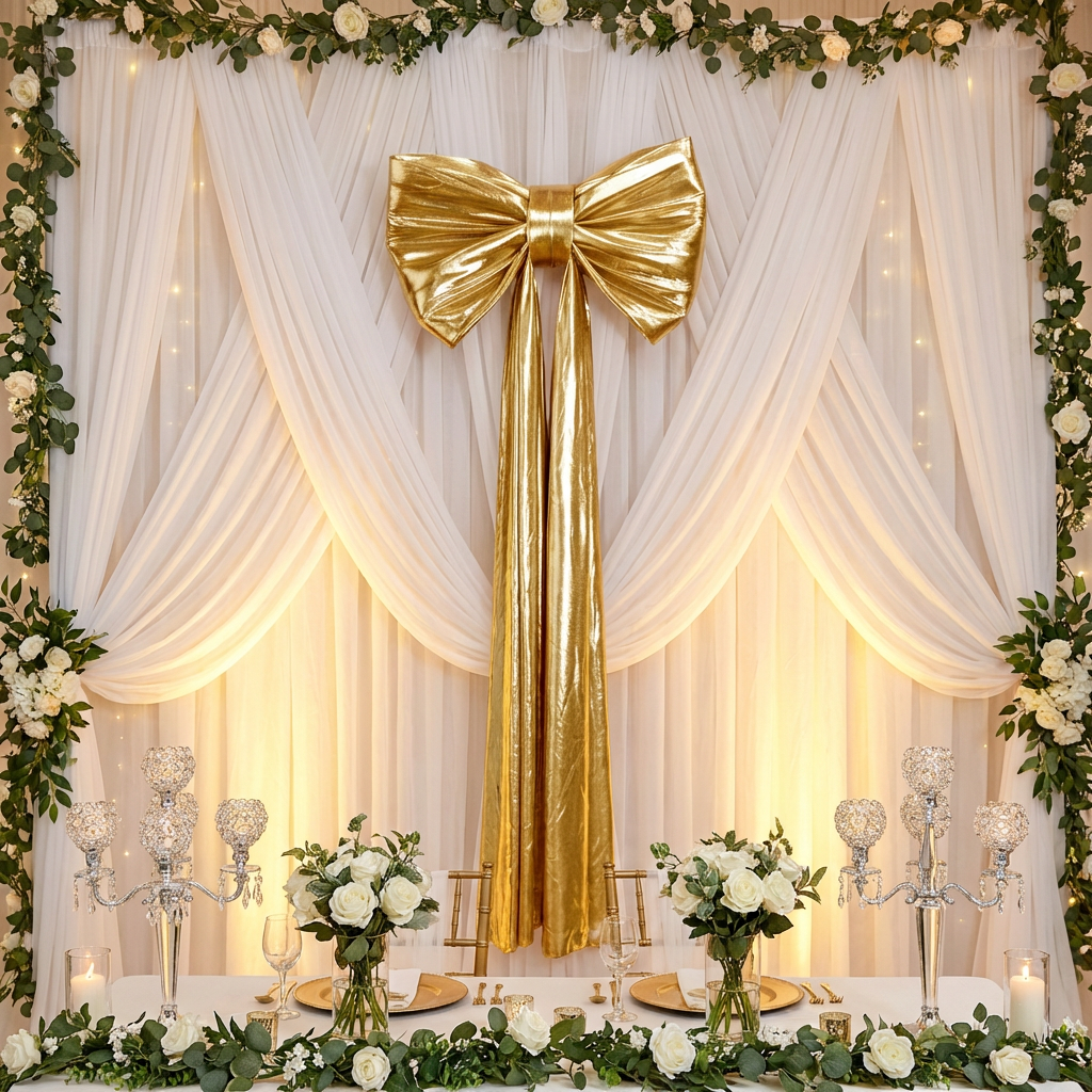 Giant Fabric Bow for Backdrop Metallic Gold backdrop with sheer draping, and greenery garland with LED curtain