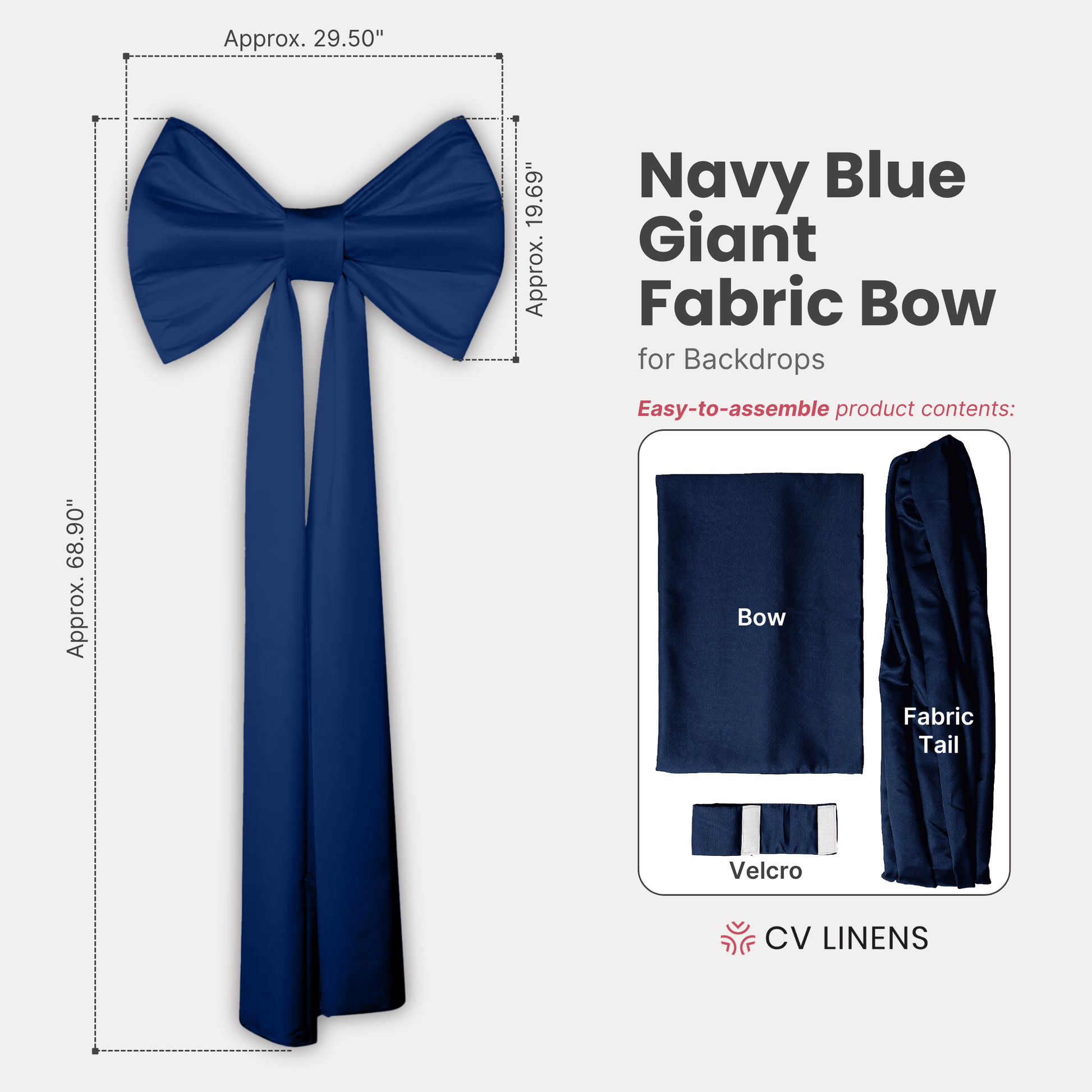 Giant Fabric Bow for Backdrop Navy Blue infographic showing contents