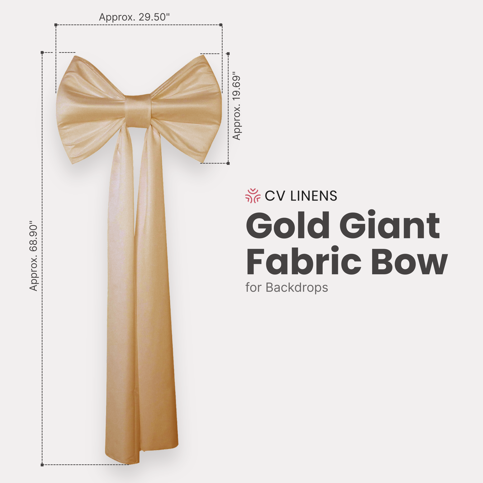 Giant Fabric Bow for Backdrop - Gold infographic showing dimensions