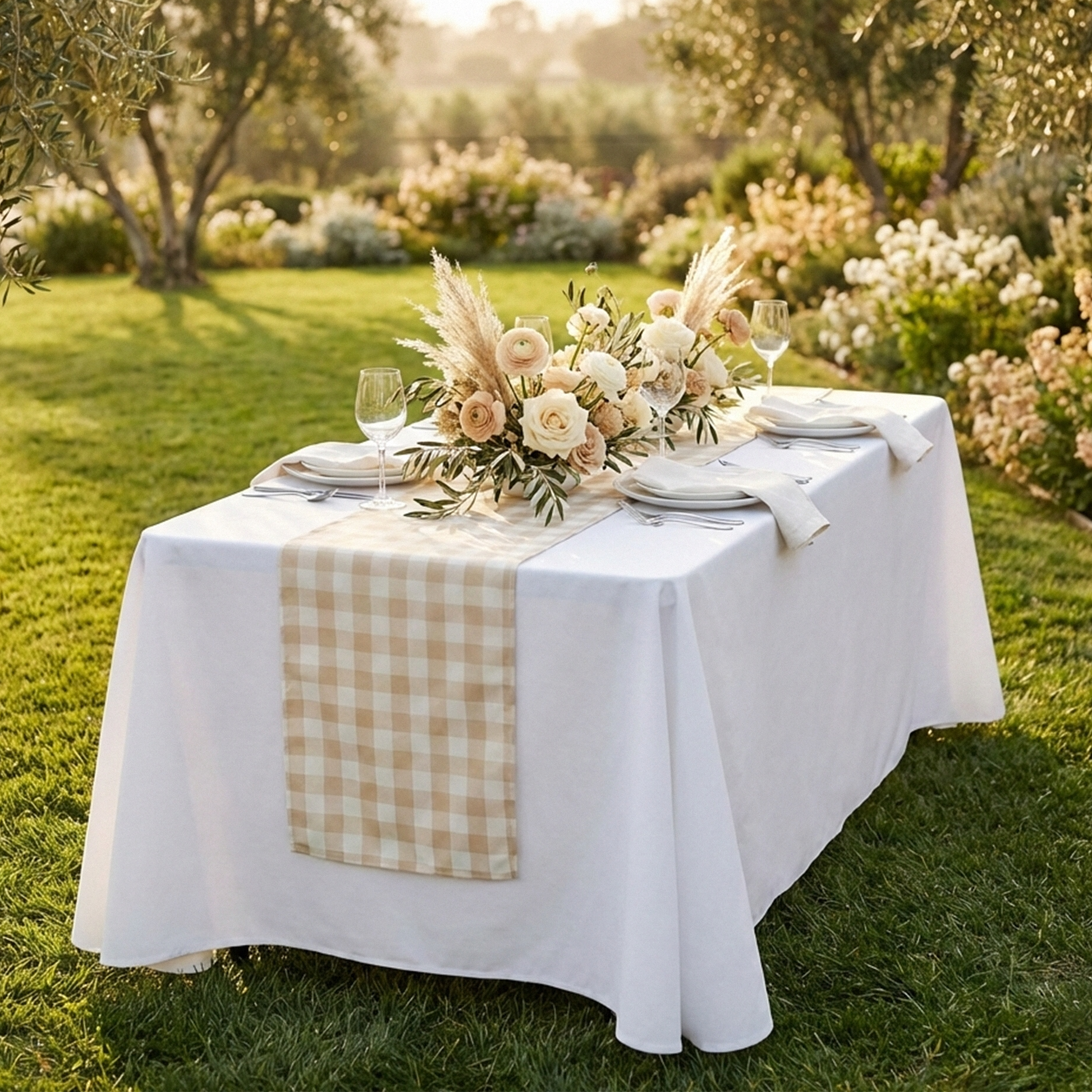 Gingham Checkered Polyester Table Runner Beige & White outdoor setting  with floral centerpiece and dinnerware
