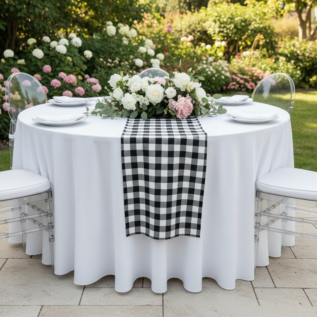 Gingham Checkered Polyester Table Runner - Black & White