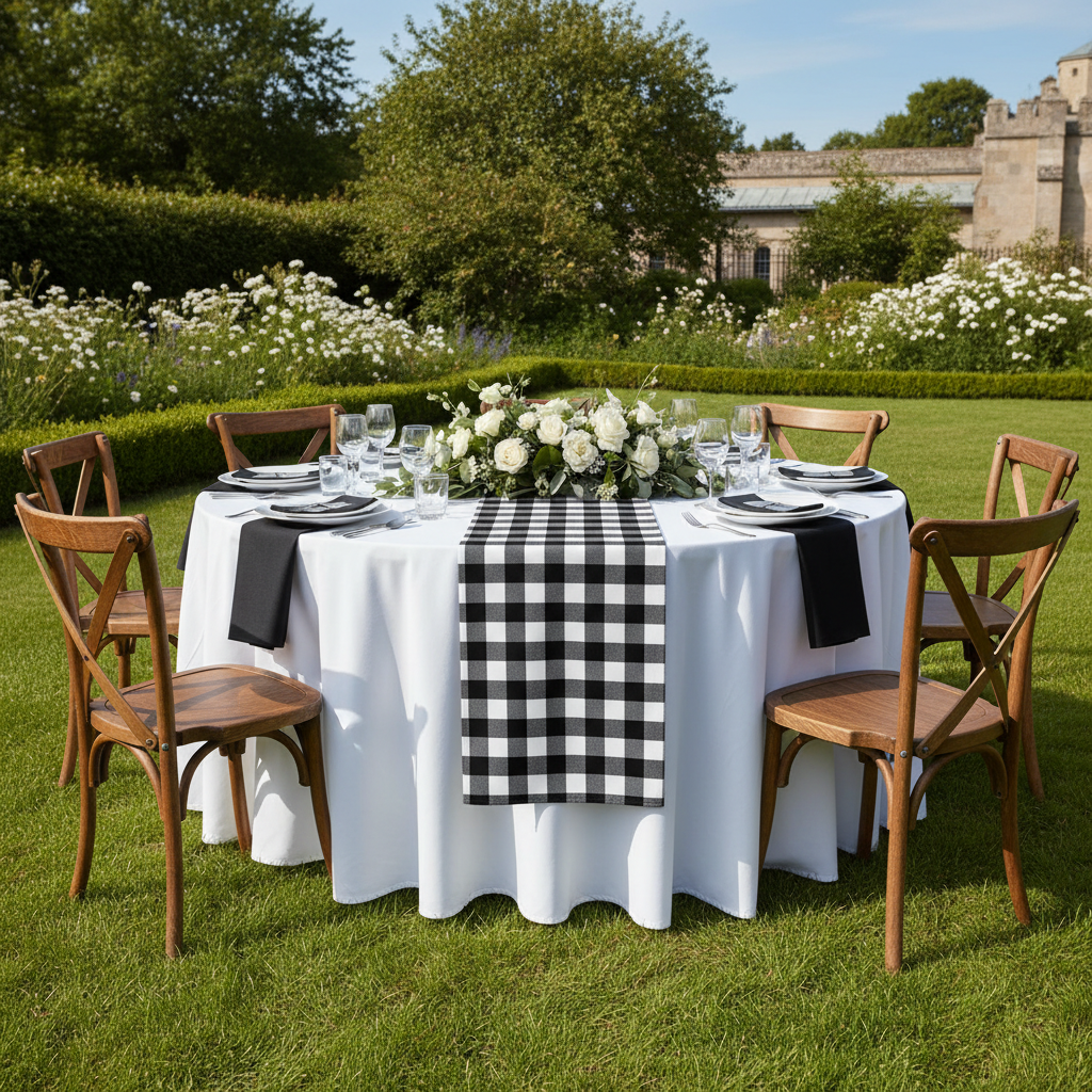 Gingham Checkered Polyester Table Runner - Black & White