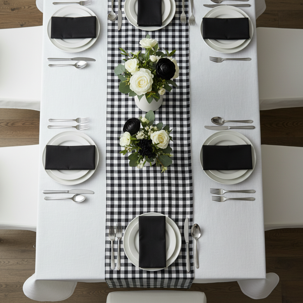 Gingham Checkered Polyester Table Runner - Black & White