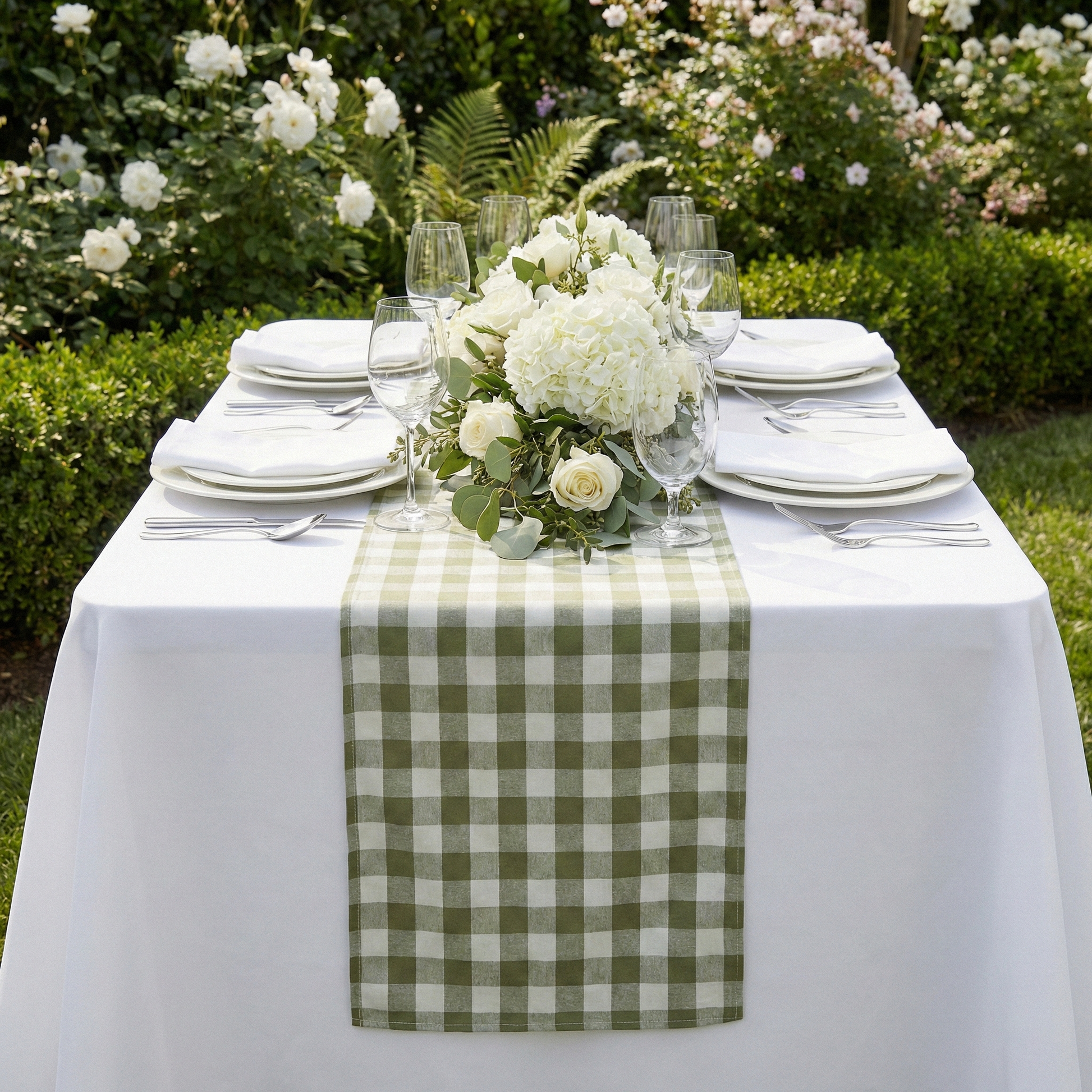 close up of the Gingham Checkered Polyester Table Runner Olive Green & White outdoor setting  with floral centerpiece and dinnerware