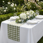 Gingham Checkered Polyester Table Runner Olive Green & White outdoor setting  with floral centerpiece and dinnerware