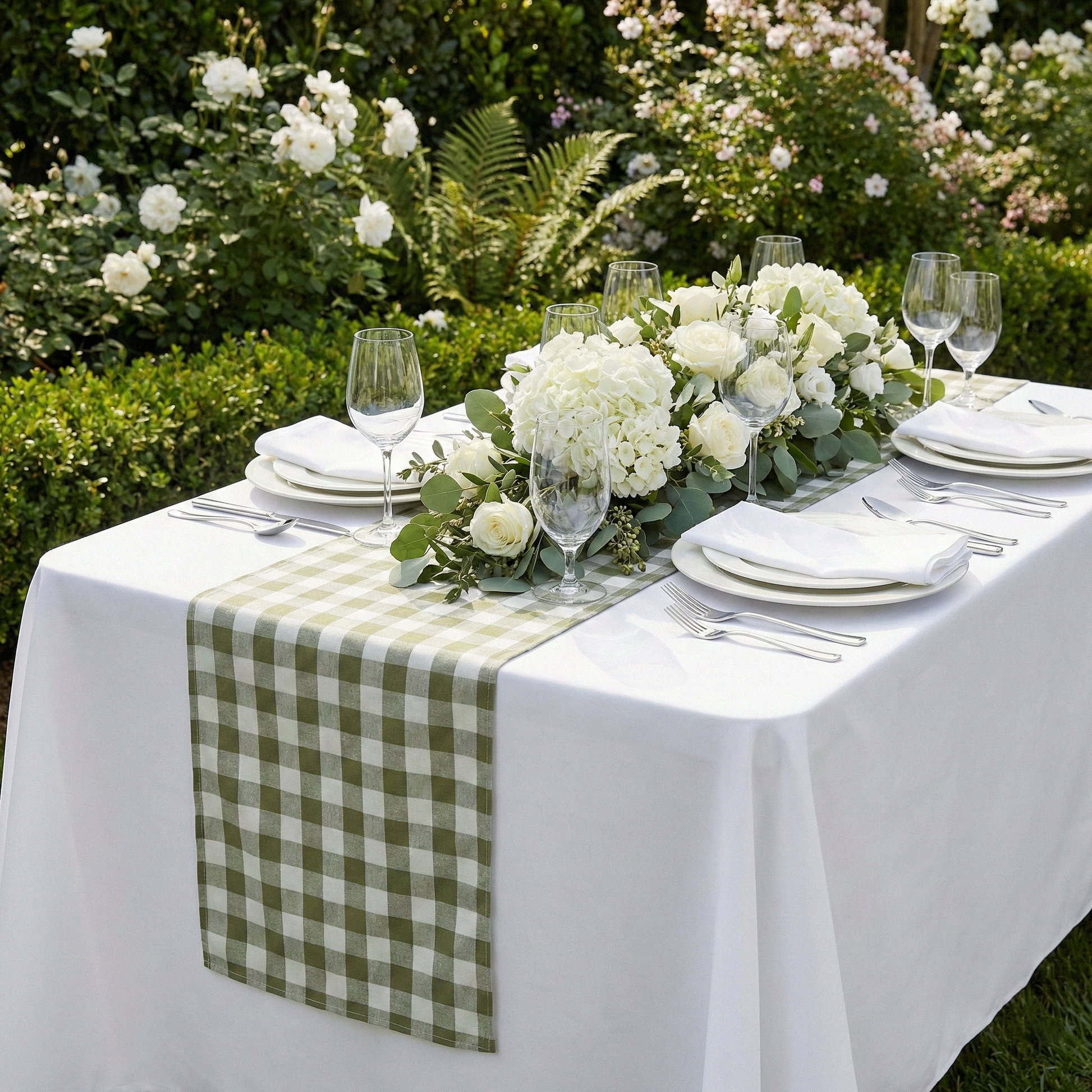 Gingham Checkered Polyester Table Runner Olive Green & White outdoor setting  with floral centerpiece and dinnerware
