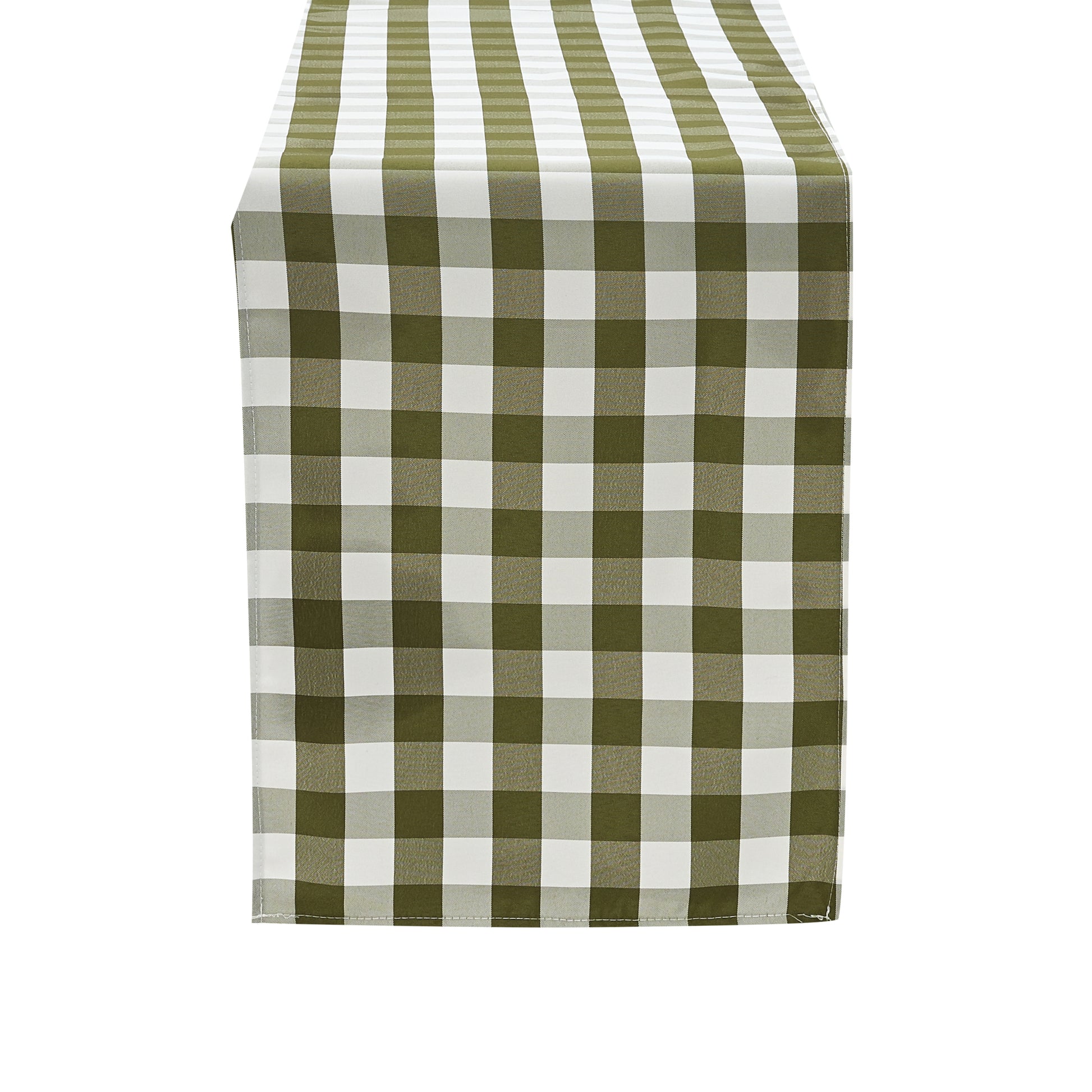 Gingham Checkered Polyester Table Runner Olive Green & White end view