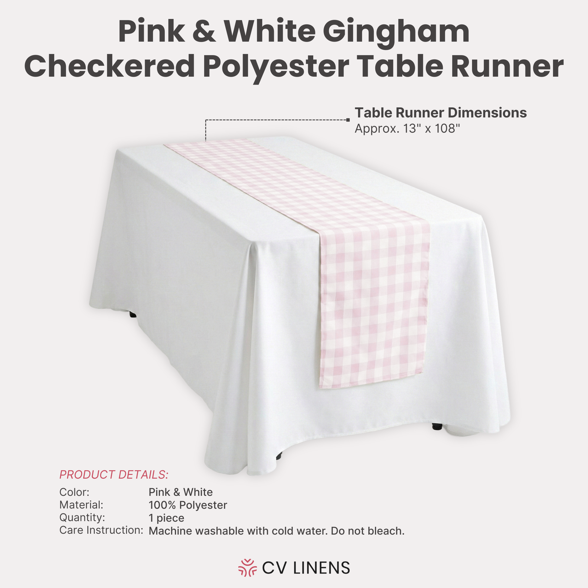 Gingham Checkered Polyester Table Runner Pink & White product size details, care instructions and material