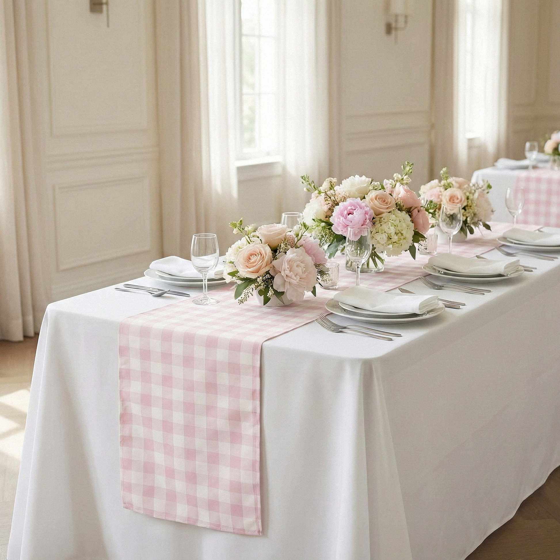 Gingham Checkered Polyester Table Runner Pink & White indoor setting  with mixed floral centerpieces and dinnerware