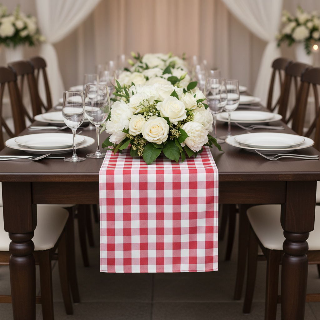 Gingham Checkered Polyester Table Runner - Red & White | charer plate | flower premade runner | wine goblets |