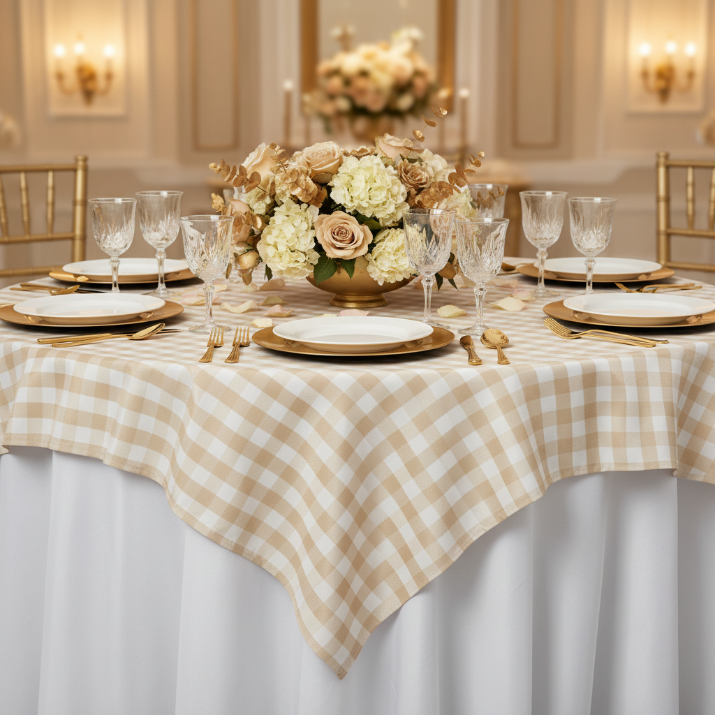 Gingham Checkered Square 70"x70" Polyester Overlay/Tablecloth - Beige & White