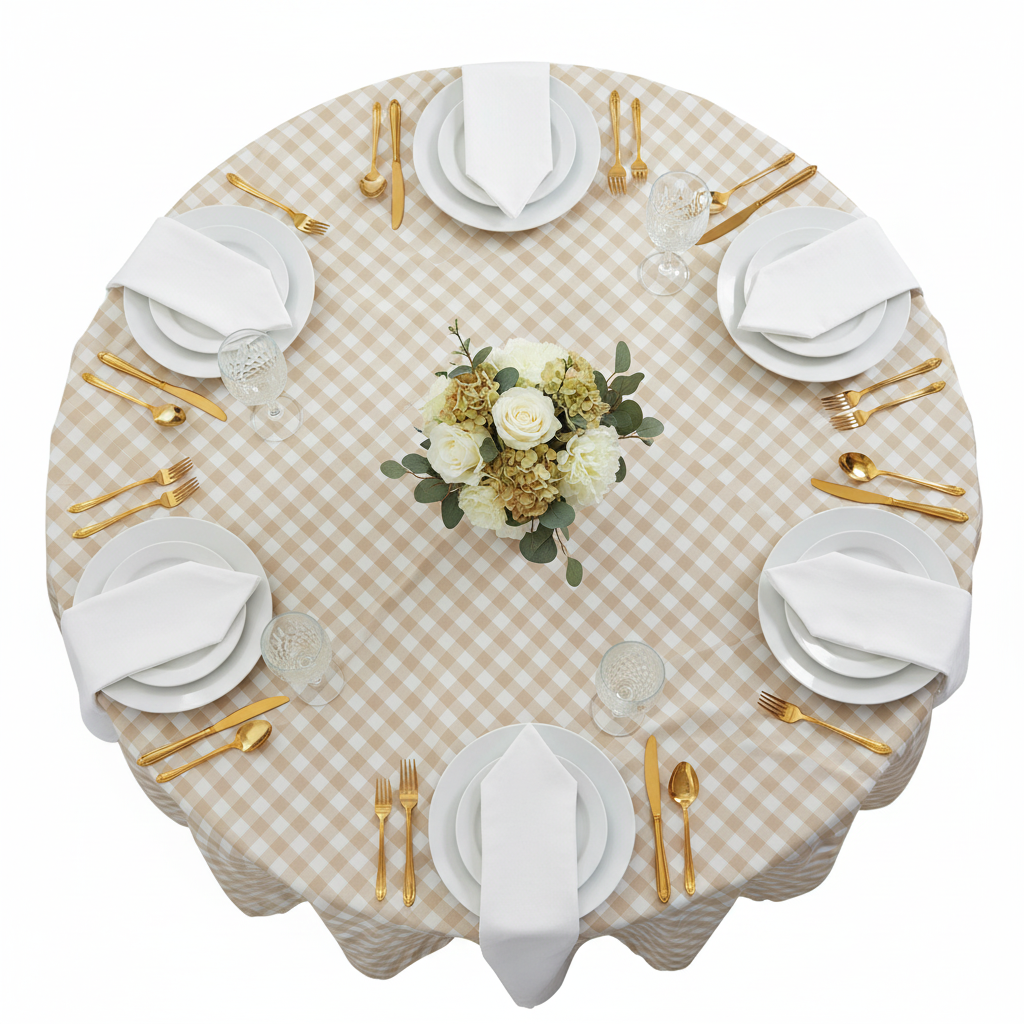 Gingham Checkered Square 70"x70" Polyester Overlay/Tablecloth - Beige & White